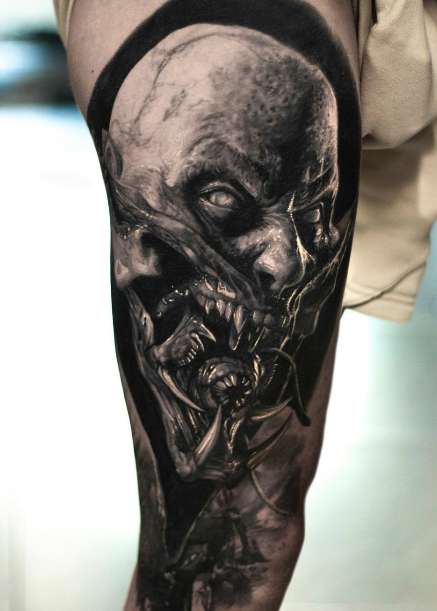 jamie:skull-spider-blackwork-illustrative-tattoo-fantasy-art-dark -art-spooky-art-spooky-spooky-tattoo-halloween-blackworker-artwork